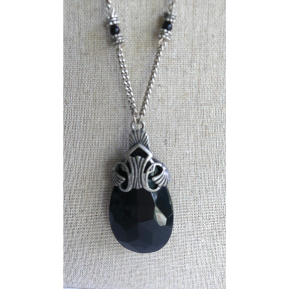 Robert Rose Jewelry - Robert Rose Necklace Black Acrylic Teardrop Pendant Bead Pewter Tone Silver 22"
